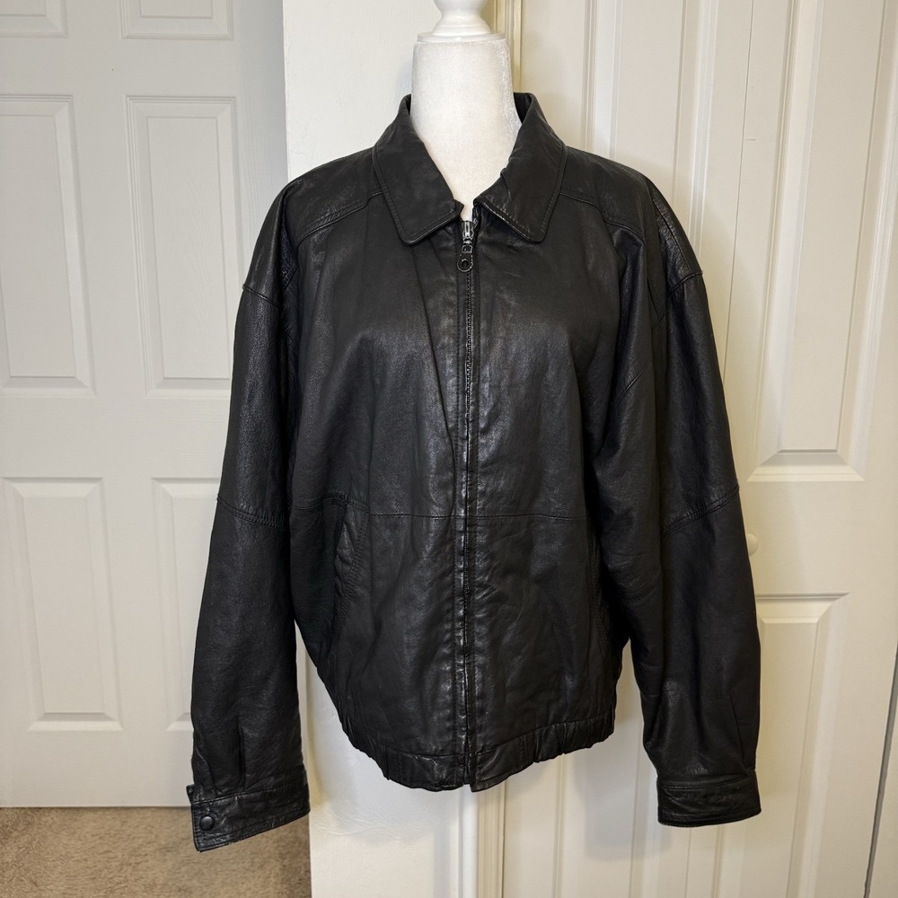 Vtg G-III Global Identity Jacket Mens Large Black Leather Bomber Aviator 90's